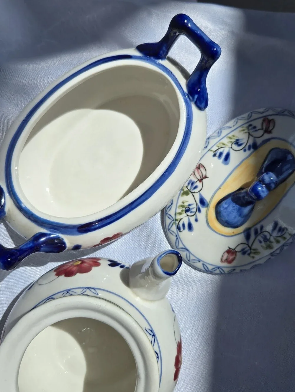 Vintage Hand-Painted Floral Porcelain Teapot & Covered Dish Set Unmarked